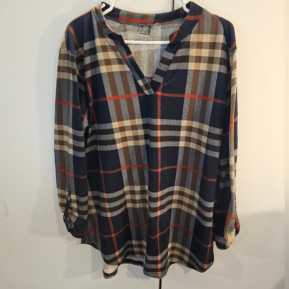 WinWin Plaid V-Neck Flannel Blouse - Navy, Brown, Red Womans L/XL